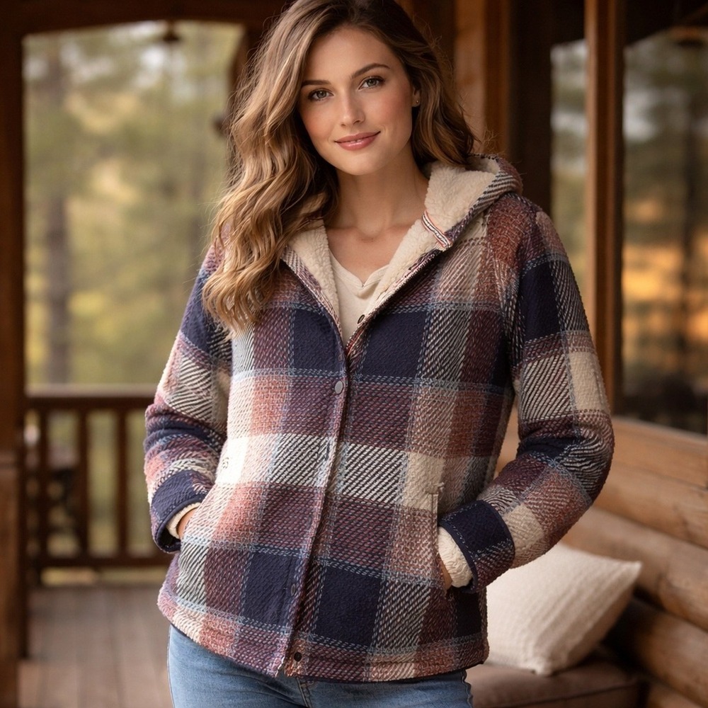 Herringbone Sherpa Lined Plaid Jacket XL Fair Trade Organic  Cotton Hooded NWOT‎